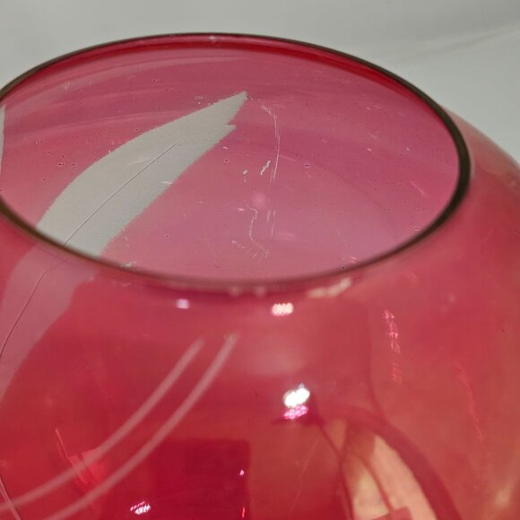Cranberry Glass Rose Bowl Vase 6" vtg Victorian style etched floral flower globe - Picture 6 of 10